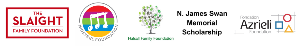 An image displaying five logos of different foundations and scholarships:
1. The Slaight Family Foundation – A red and white rectangular logo with bold text.
2. Minstrel Foundation – A circular logo with a rainbow-colored background and a white musical note.
3. Halsall Family Foundation – A green and black logo featuring a stylized tree with swirling branches and leaves.
4. N. James Swan Memorial Scholarship – A simple black text logo.
5. Azrieli Foundation – A modern logo with geometric shapes (circle, square, and triangle) in red, blue, and yellow, along with black text.