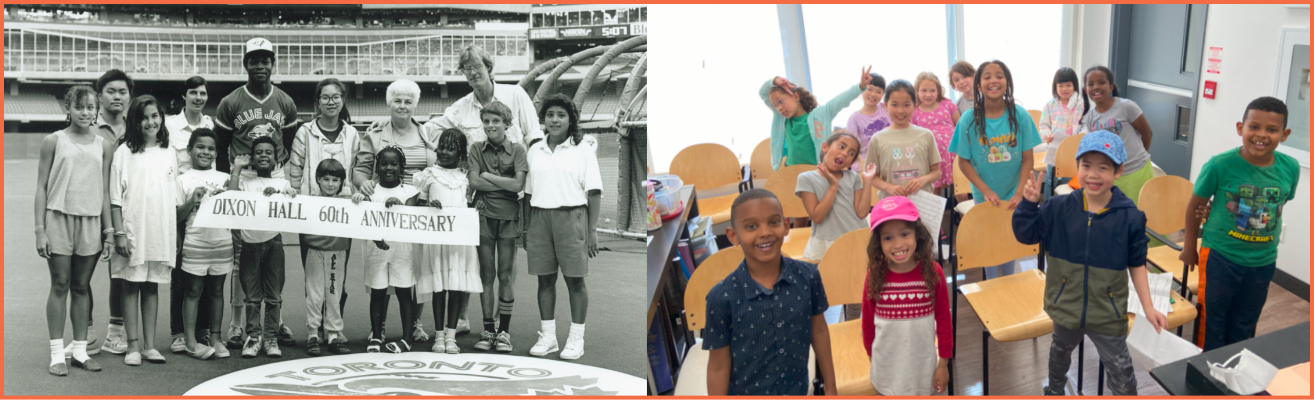 A side-by-side comparison of two group photos. On the left, a black-and-white historical image shows a diverse group of children and adults holding a "Dixon Hall 60th Anniversary" sign at a Toronto Blue Jays stadium. On the right, a modern, colorful image features a lively group of children in a classroom, smiling and making playful gestures.