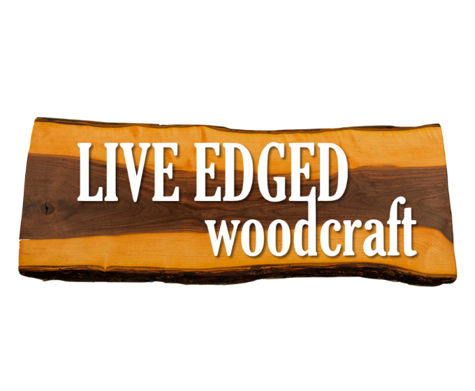 Live Edged Woodcraft logo displayed on a natural live-edge wood slab with bold white text.