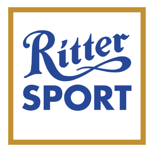 Ritter Sport logo with blue text inside a gold-bordered square.