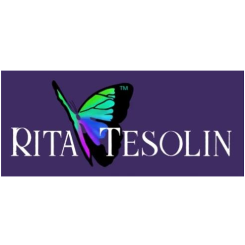 Rita Tesolin logo featuring a vibrant, multicolored butterfly on a dark purple background, with the brand name in elegant white lettering.