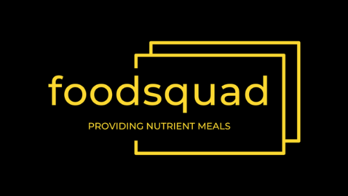 Logo for Foodsquad featuring yellow lowercase text with the tagline 'Providing Nutrient Meals' on a black background, accented by two overlapping yellow rectangles.